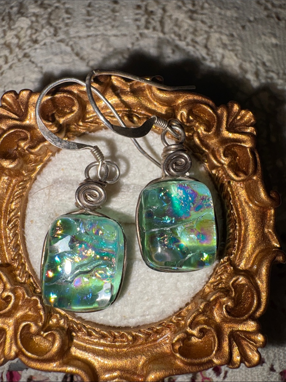 Dischroic glass Green Dangle Earrings . On 925 hoops.